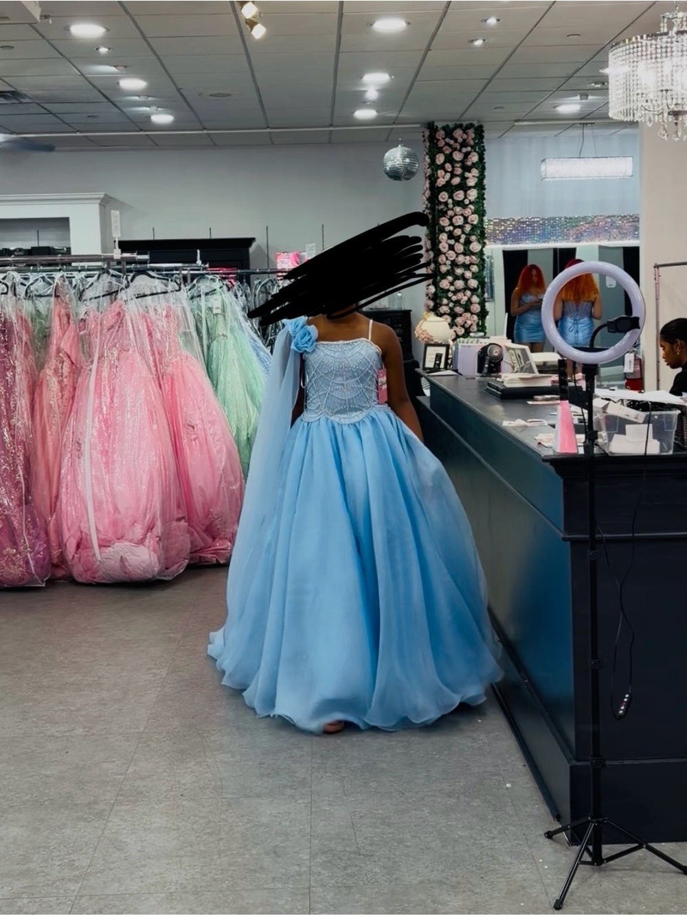 Girls' Sky Blue One-Shoulder Tulle Ball Gown Dress